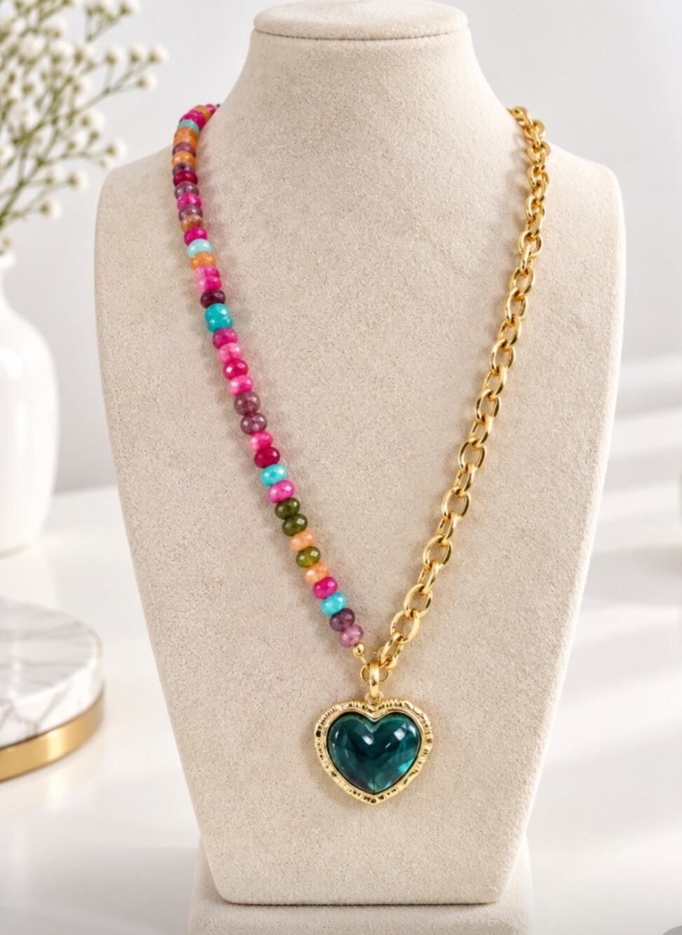 Gold Colorful Beaded Link Green Blue Heart Necklace New